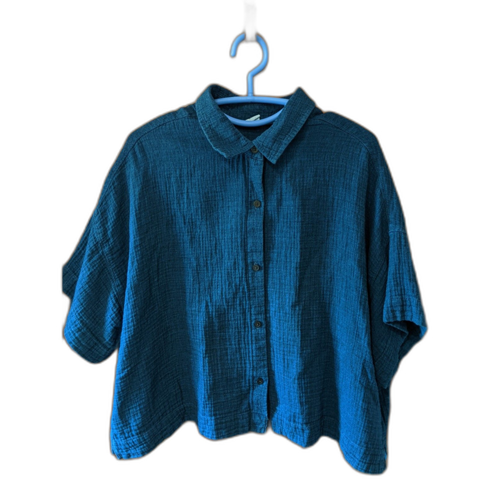 Gap Gauze Shirt Button Up Top Navy Blue S/S Collar Sz XL Resort Wear Grandmacore